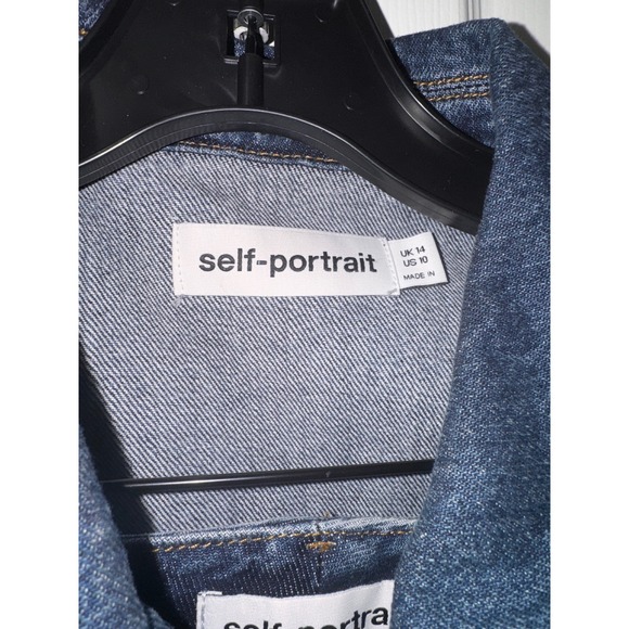 Self Portrait Denim Vest Peplum Flare Pants Set Blue Button Front Size 10 - Picture 9 of 13